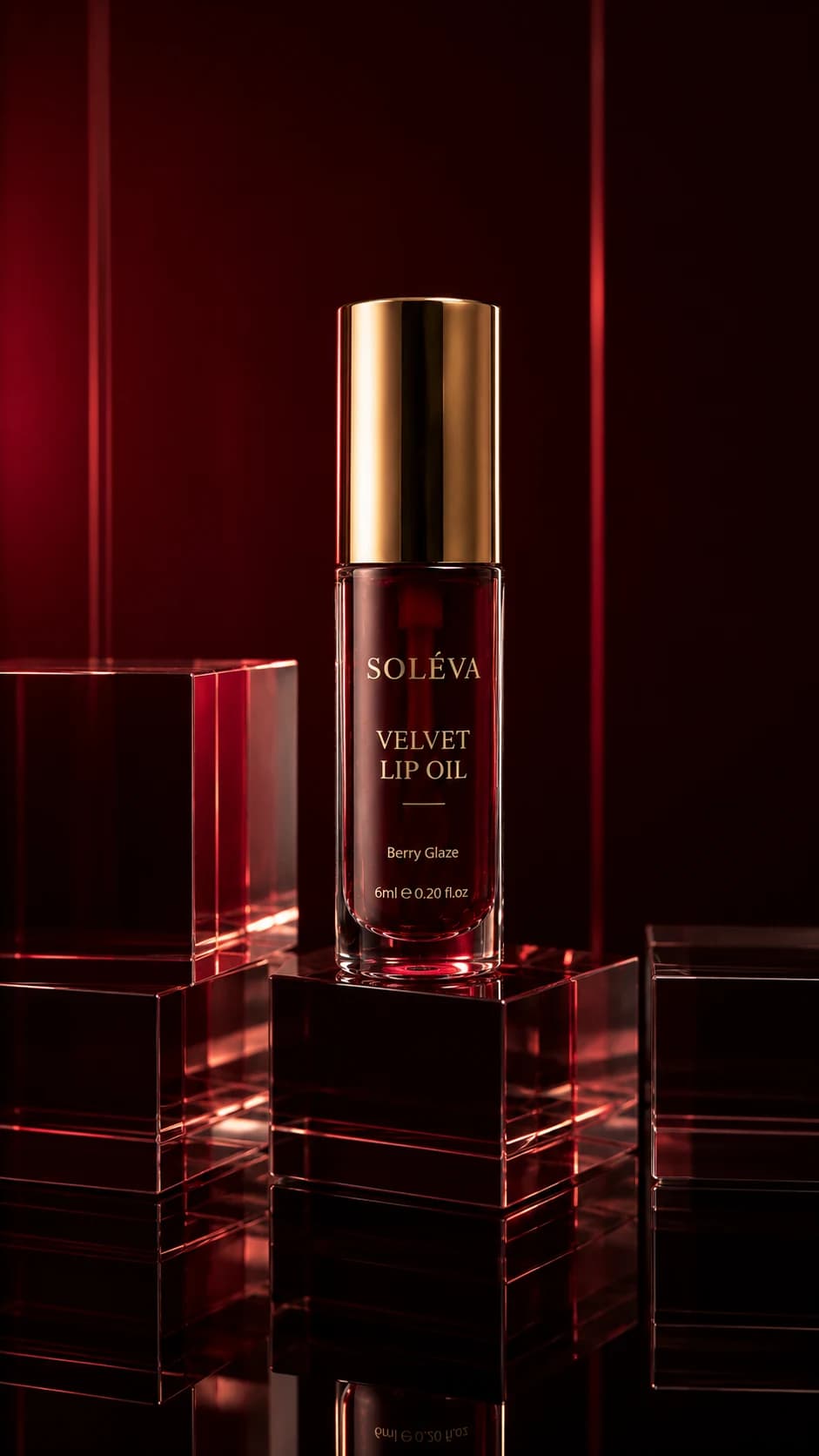 Soleva lip oil on a reflective pedestal