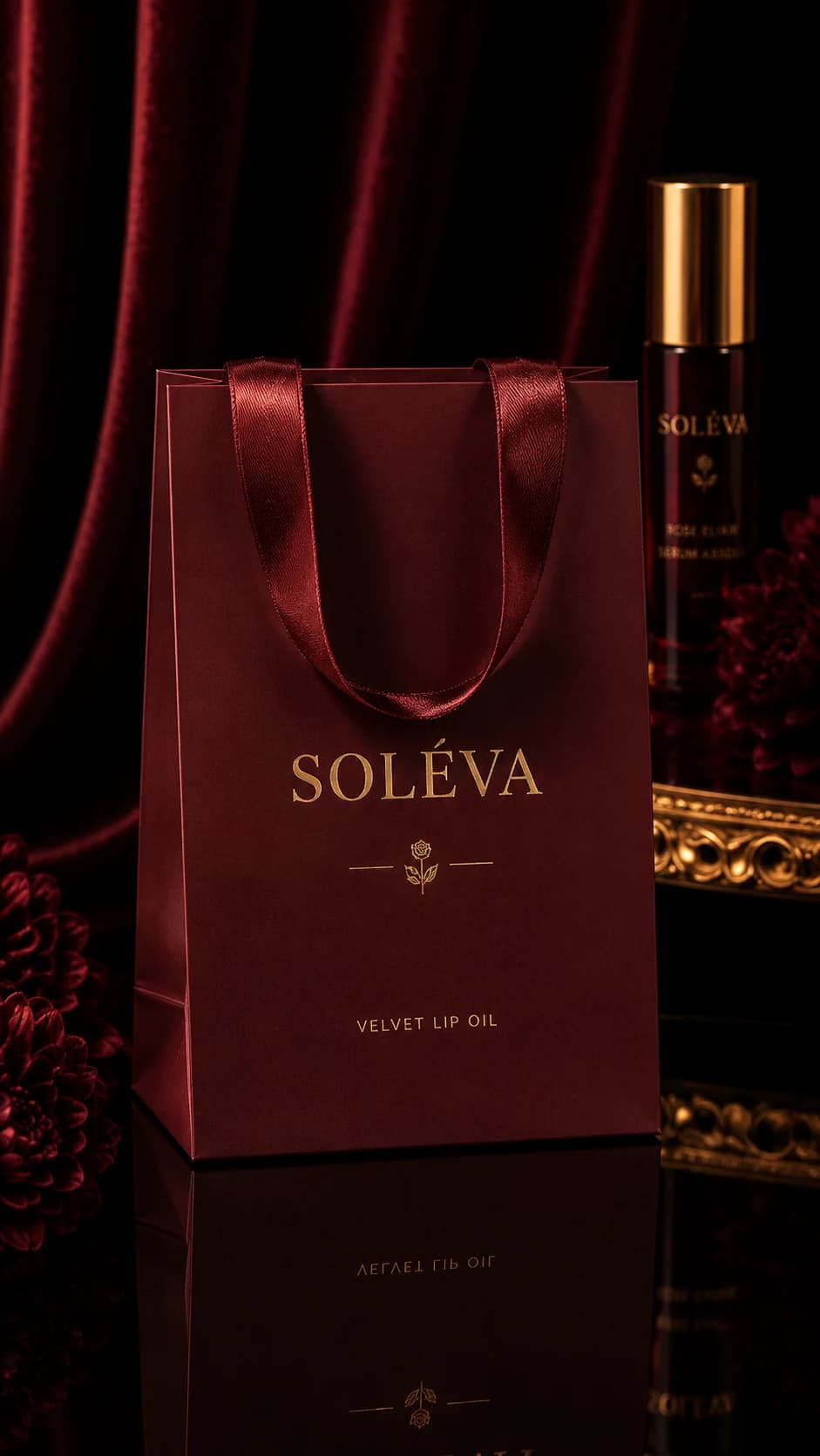Soleva branded shopping bag and lip oil