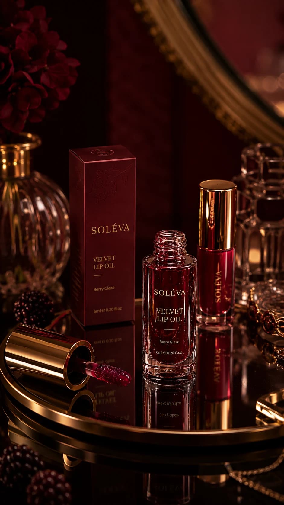 Soleva product still life on a mirrored tray