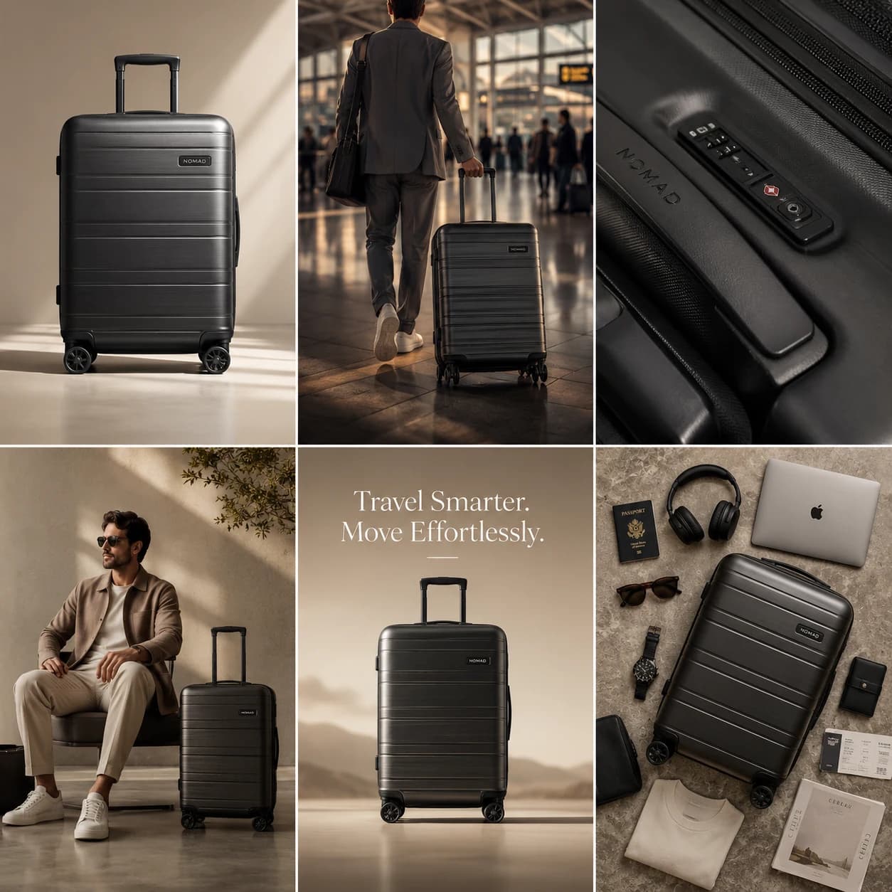 Premium luggage travel campaign content grid
