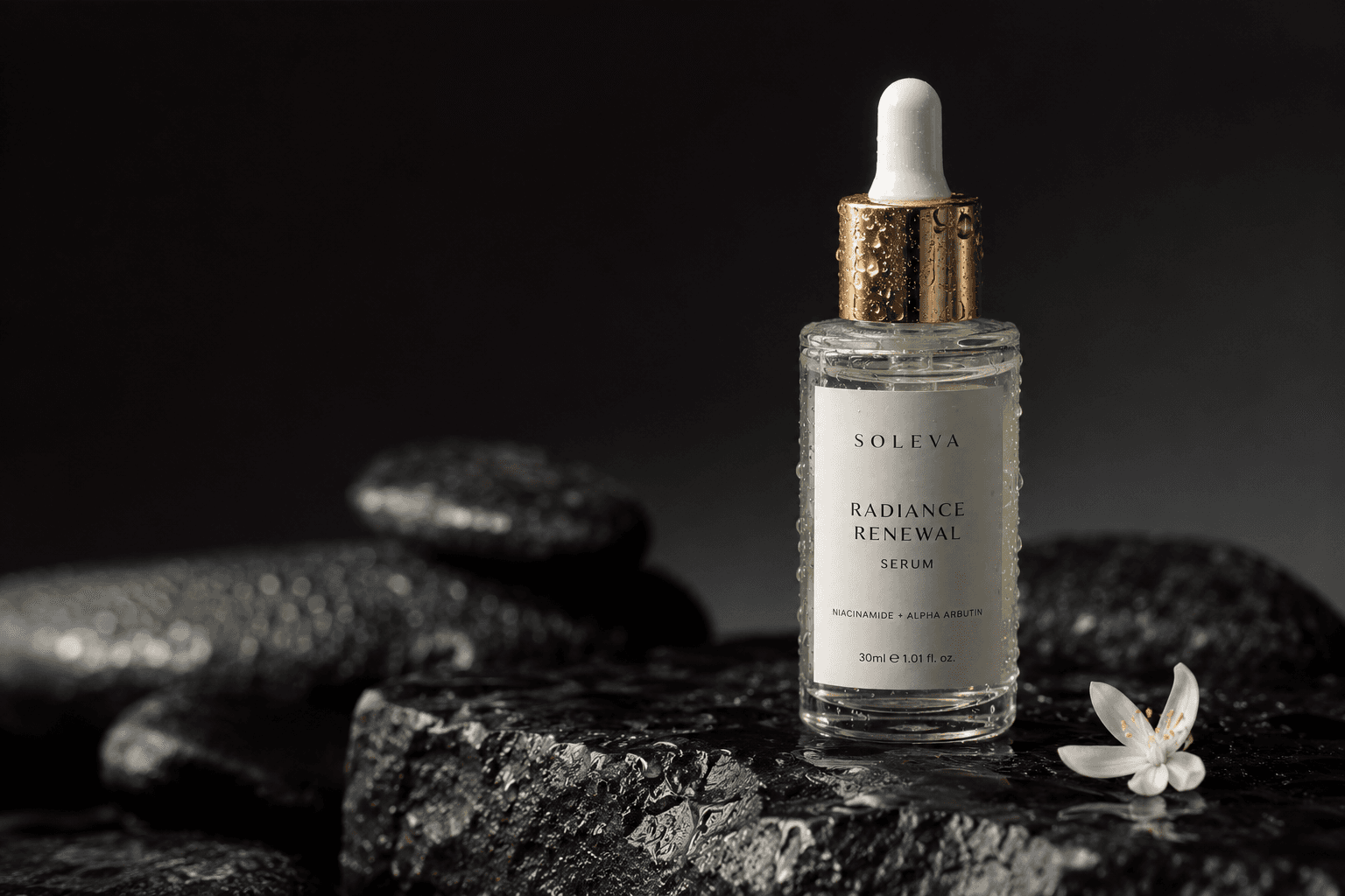 Soleva serum suspended in water droplets