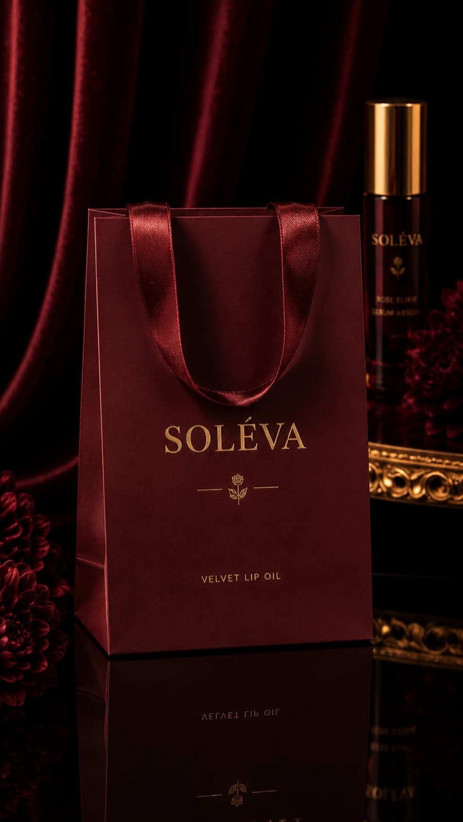 Soleva velvet lip oil branded bag