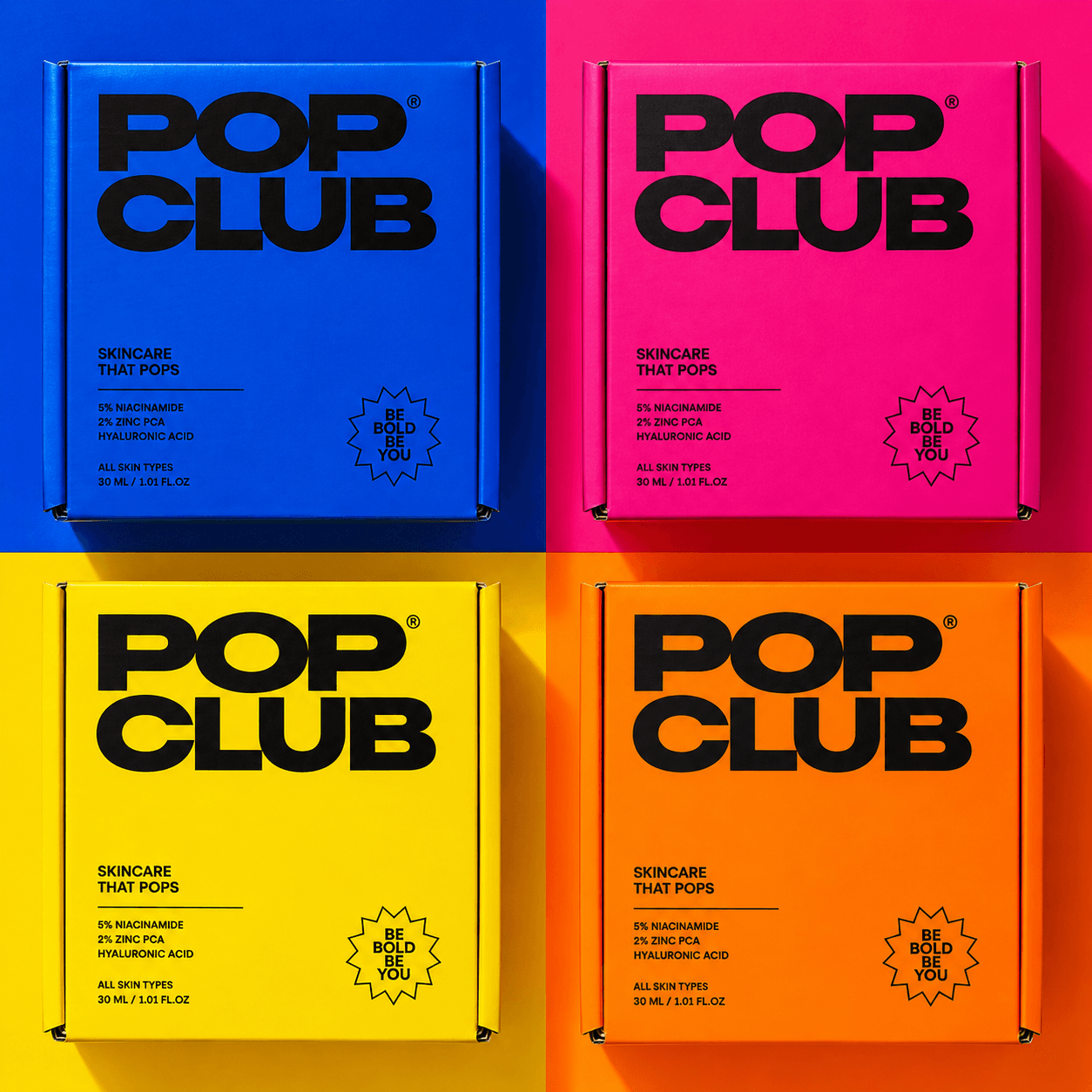 Pop Club skincare box square layout